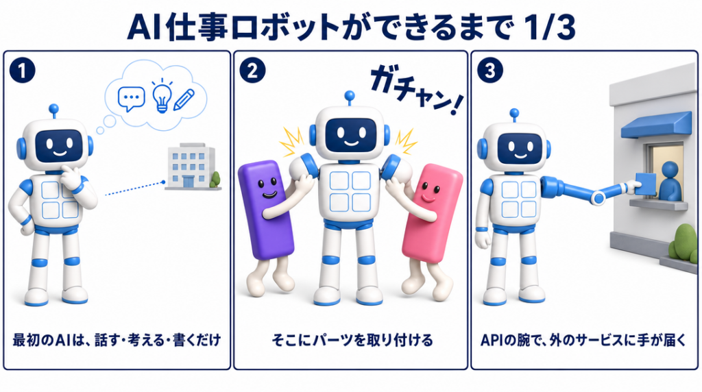 最初のAIは、話す・考える・書くだけ／そこにパーツを取り付ける（ガチャン！）／APIの腕で、外のサービスに手が届く