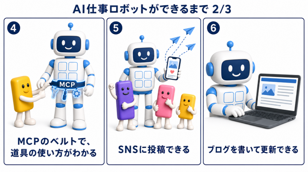 MCPのベルトで、道具の使い方がわかる／SNSに投稿できる／ブログを書いて更新できる 